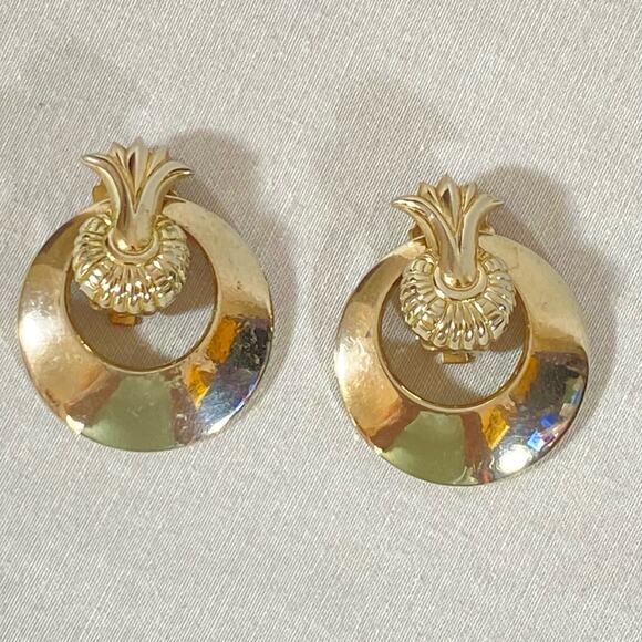 Pineapple Door Knocker Earrings Dangle Drop Silver Tone Metal Clip On - Picture 5 of 9